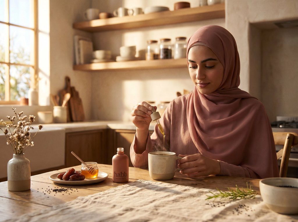 A glass of warm tea on a cream linen surface in soft morning light — the morning ritual scene.
