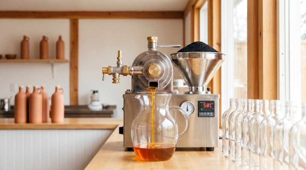 Cold-press machine pouring Ethiopian black seed oil into a glass carafe at 58°C, terracotta bottles waiting to be filled