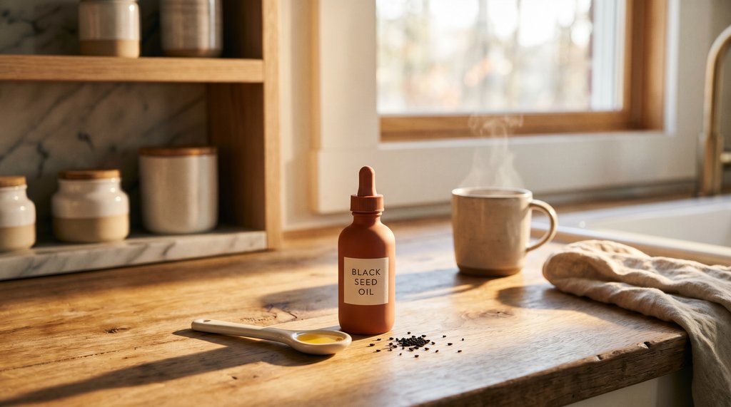 A ceramic spoon and habb bottle on a kitchen counter at sunrise.