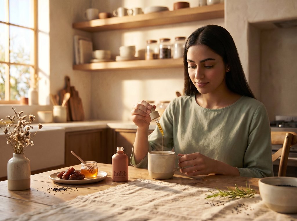 A South Asian tea ritual scene — small black seeds, warm cup, soft morning light.