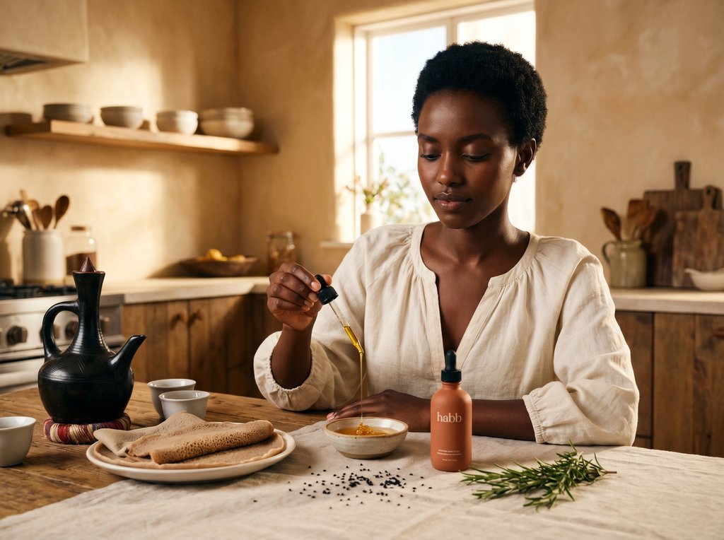 Cold-pressed Ethiopian black seed oil being poured from a small ceramic vessel.