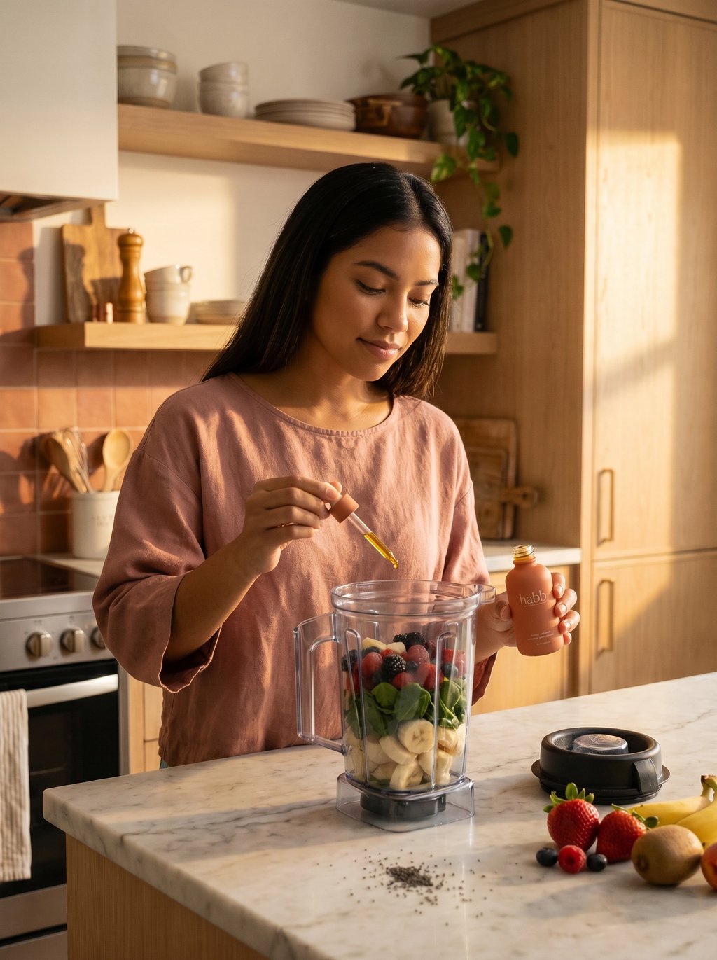 A morning smoothie with a teaspoon of habb stirred in, soft daylight on the counter.