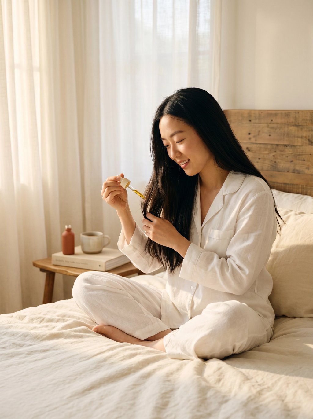A woman warming a few drops of black seed oil in her palms before pre-wash scalp massage.