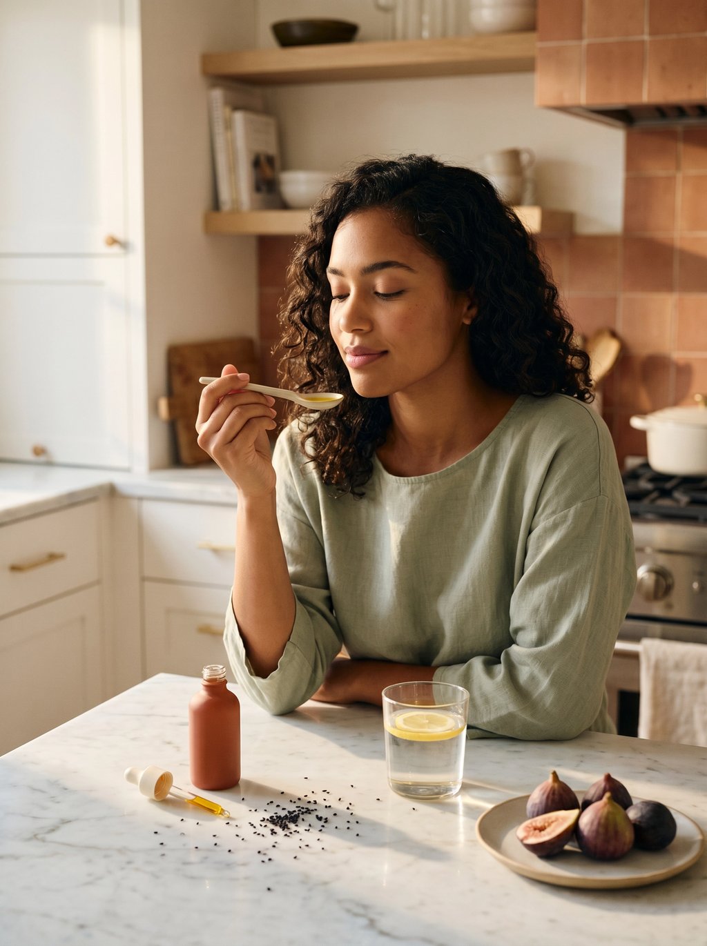 A woman taking her morning teaspoon of habb black seed oil at the kitchen counter beside lemon water and figs