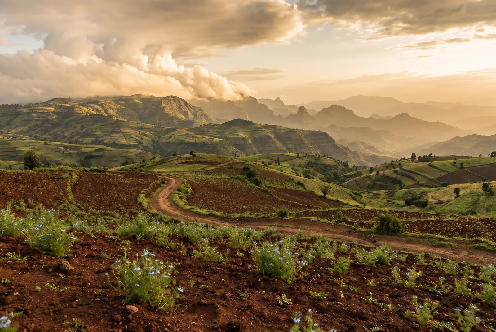Sunset over the Ethiopian highlands — rolling green hills, red volcanic soil, wildflowers in the foreground