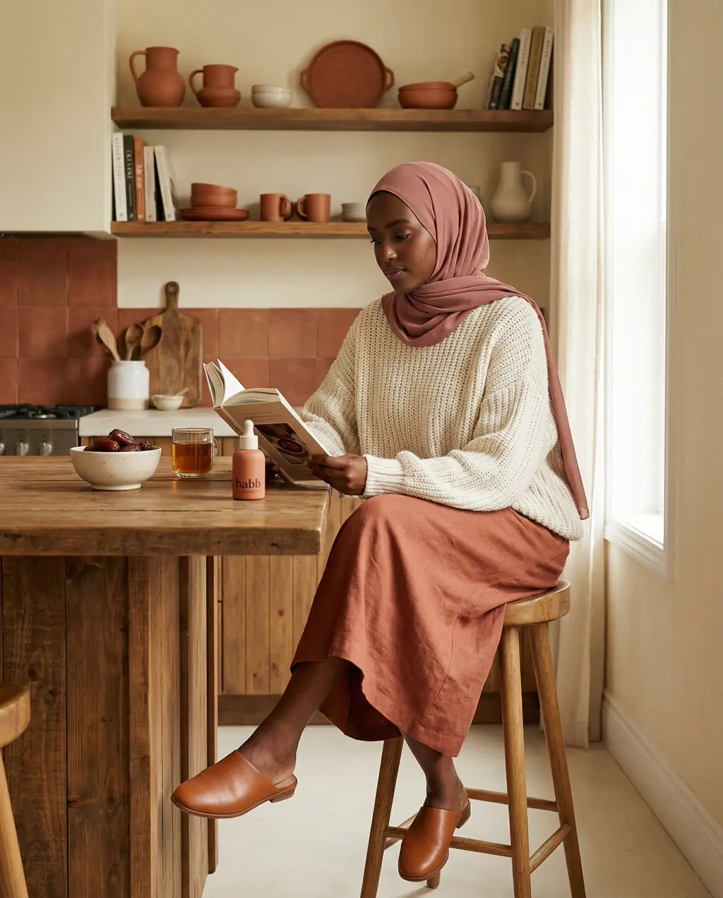 A morning at the counter — habb bottle next to dates and tea, soft natural light through the window