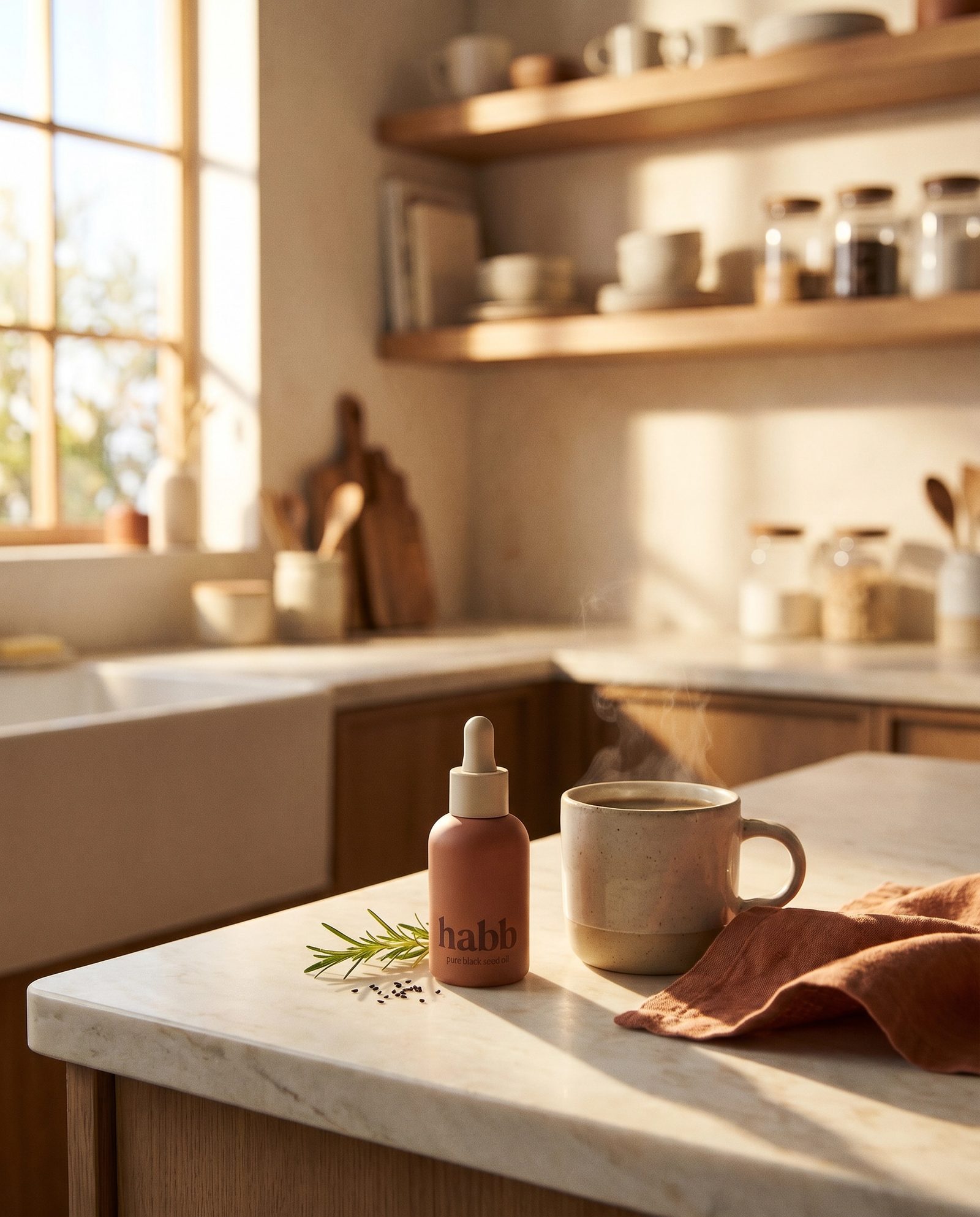 habb bottle on a marble counter in soft morning kitchen light, terracotta linen and ceramic mug